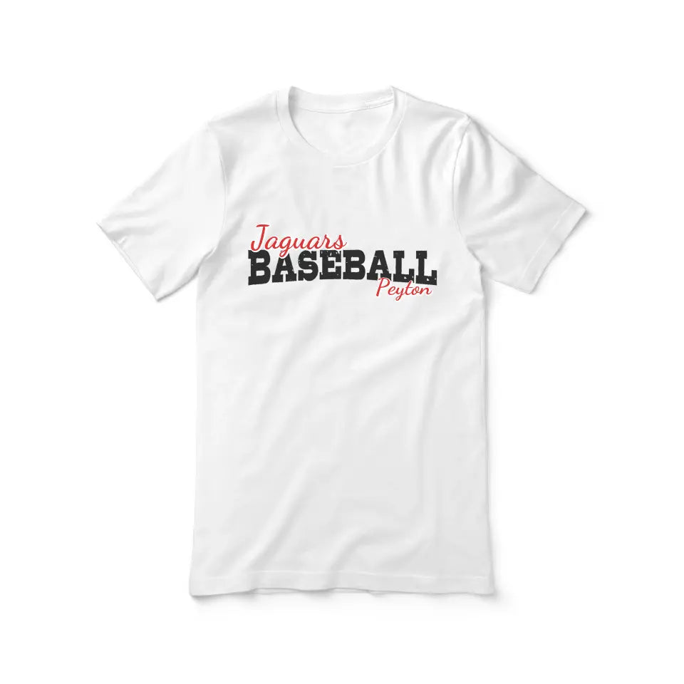 custom baseball mascot and baseball player name on a unisex t-shirt with a black graphic