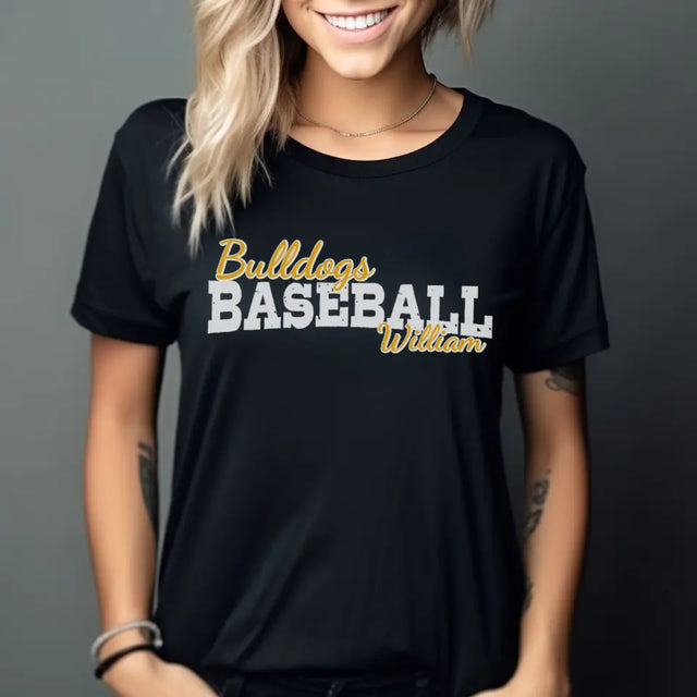 custom baseball mascot and baseball player name on a unisex t-shirt with a white graphic