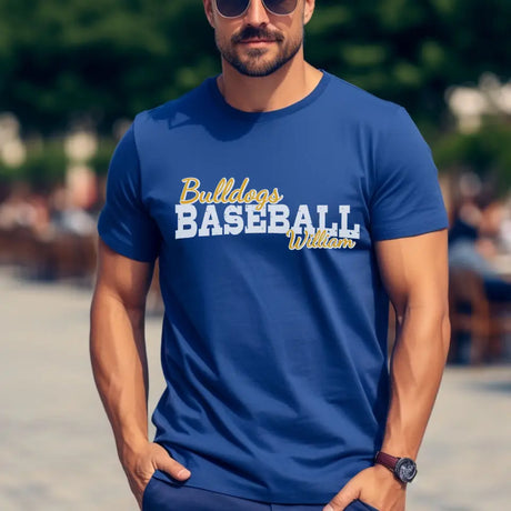 custom baseball mascot and baseball player name on a unisex t-shirt with a white graphic