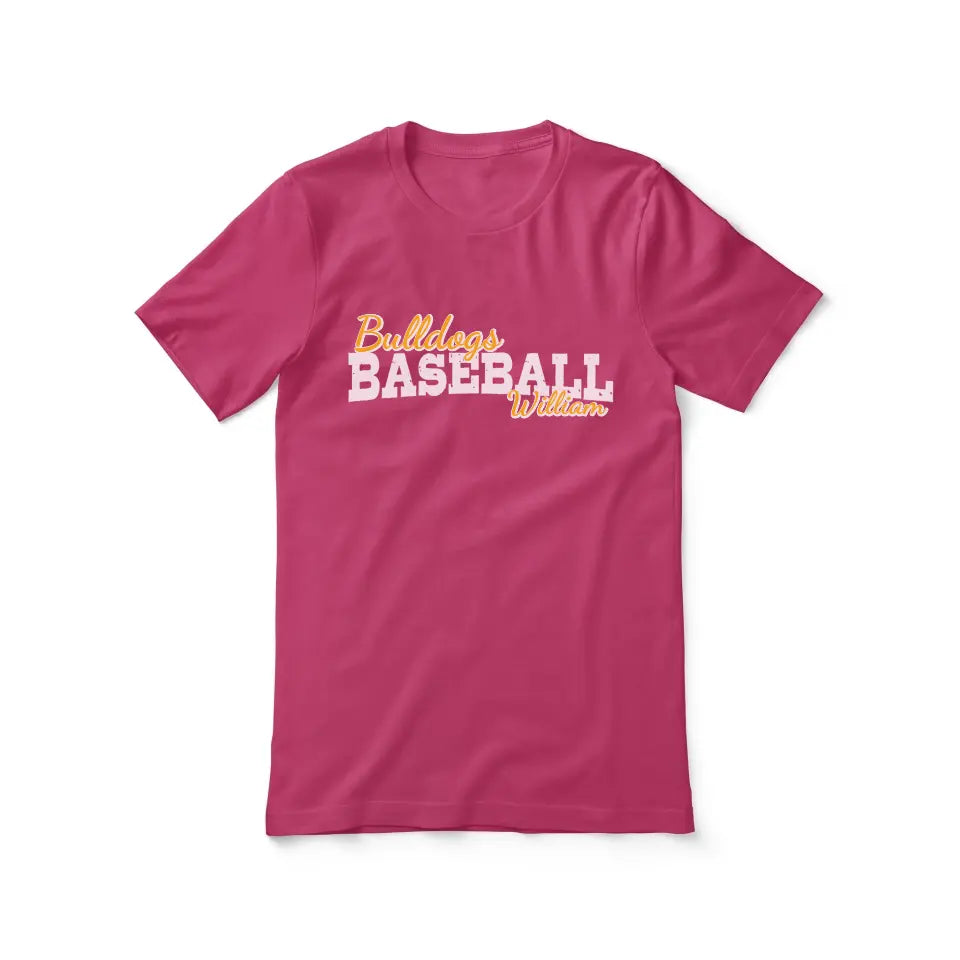 custom baseball mascot and baseball player name on a unisex t-shirt with a white graphic