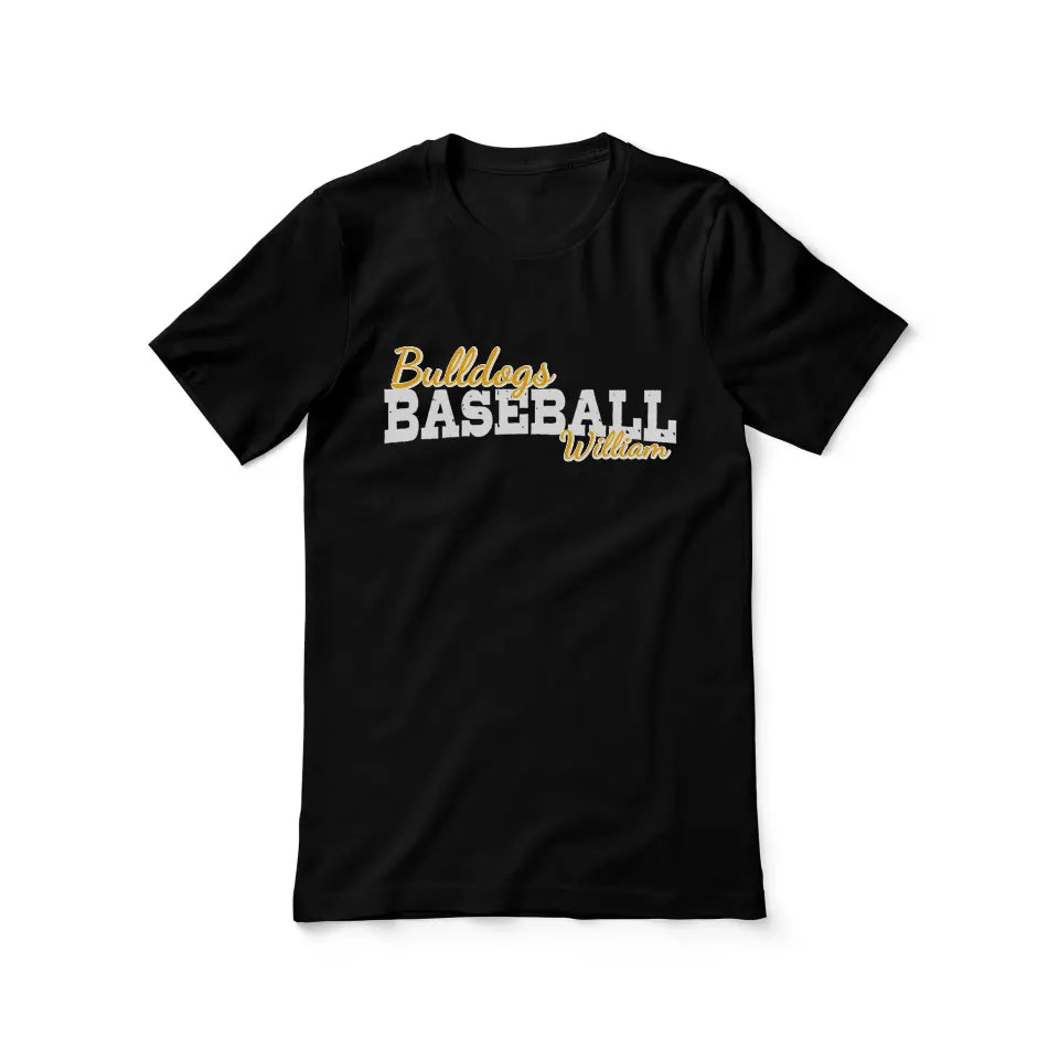 custom baseball mascot and baseball player name on a unisex t-shirt with a white graphic