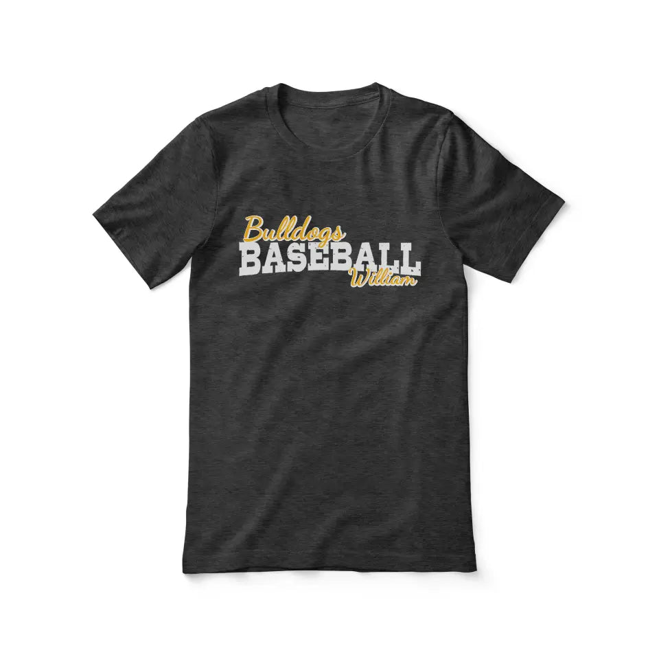 custom baseball mascot and baseball player name on a unisex t-shirt with a white graphic