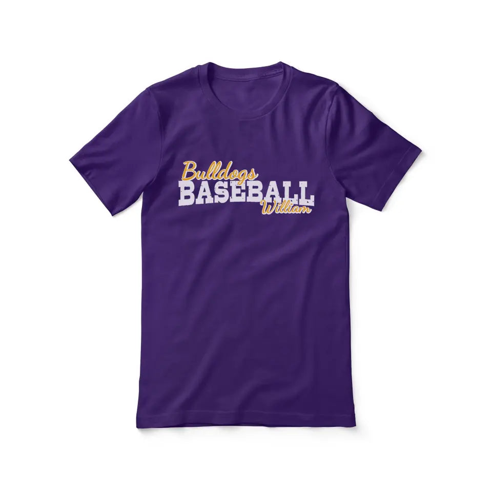 custom baseball mascot and baseball player name on a unisex t-shirt with a white graphic