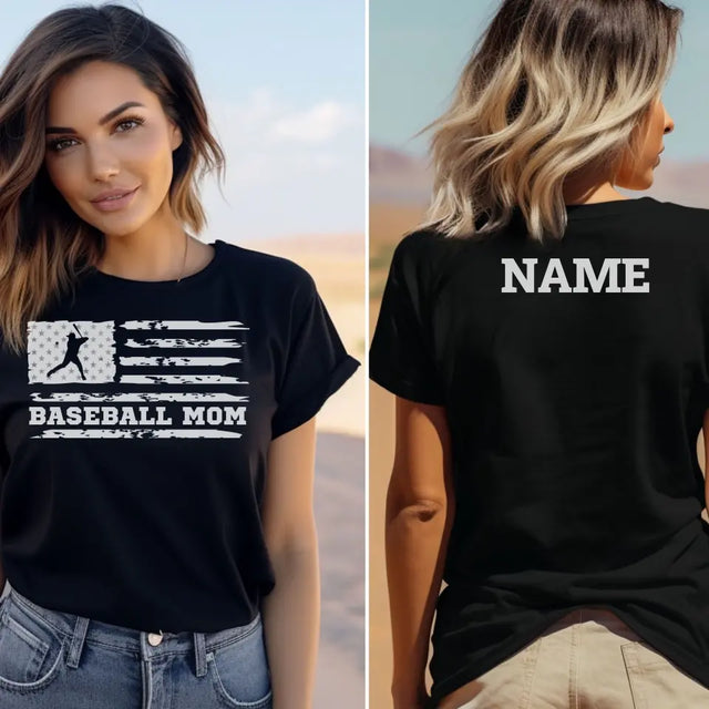 baseball mom horizontal flag with baseball player name on a unisex t-shirt with a white graphic