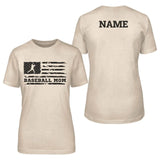 baseball mom horizontal flag with baseball player name on a unisex t-shirt with a black graphic