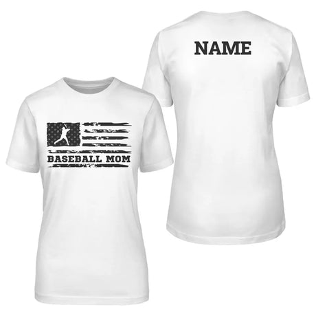 baseball mom horizontal flag with baseball player name on a unisex t-shirt with a black graphic