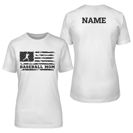 baseball mom horizontal flag with baseball player name on a unisex t-shirt with a black graphic