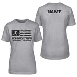 baseball mom horizontal flag with baseball player name on a unisex t-shirt with a black graphic