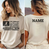 baseball mom horizontal flag with baseball player name on a unisex t-shirt with a black graphic