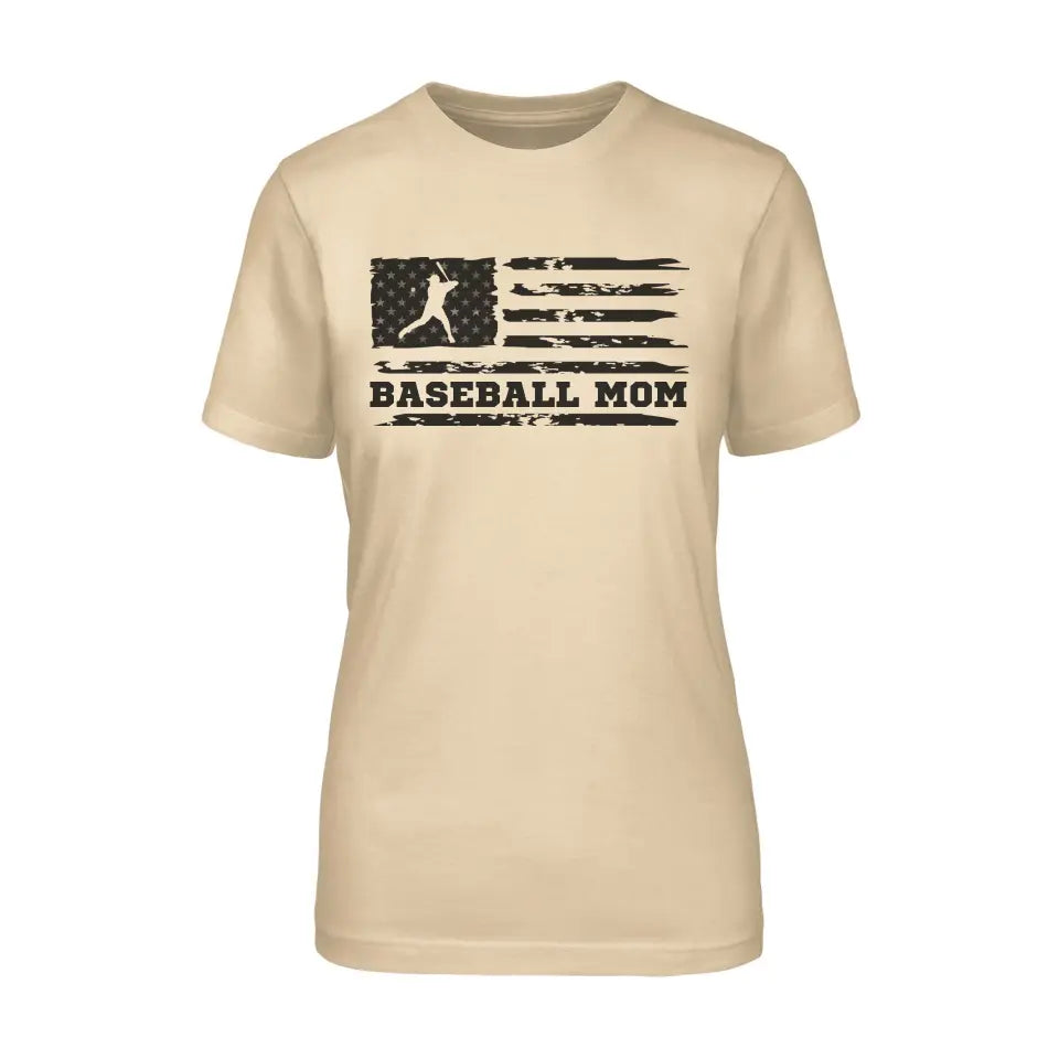 baseball mom horizontal flag on a unisex t-shirt with a black graphic