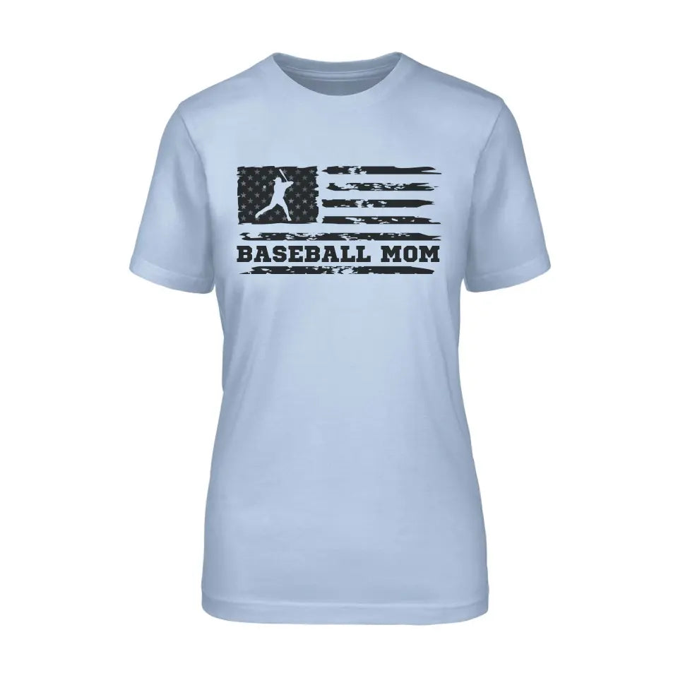 baseball mom horizontal flag on a unisex t-shirt with a black graphic