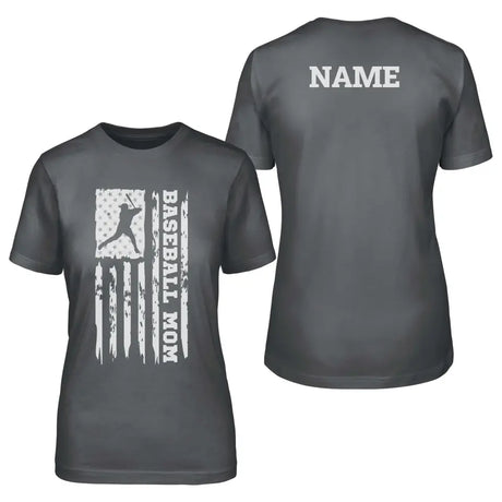baseball mom vertical flag with baseball player name on a unisex t-shirt with a white graphic
