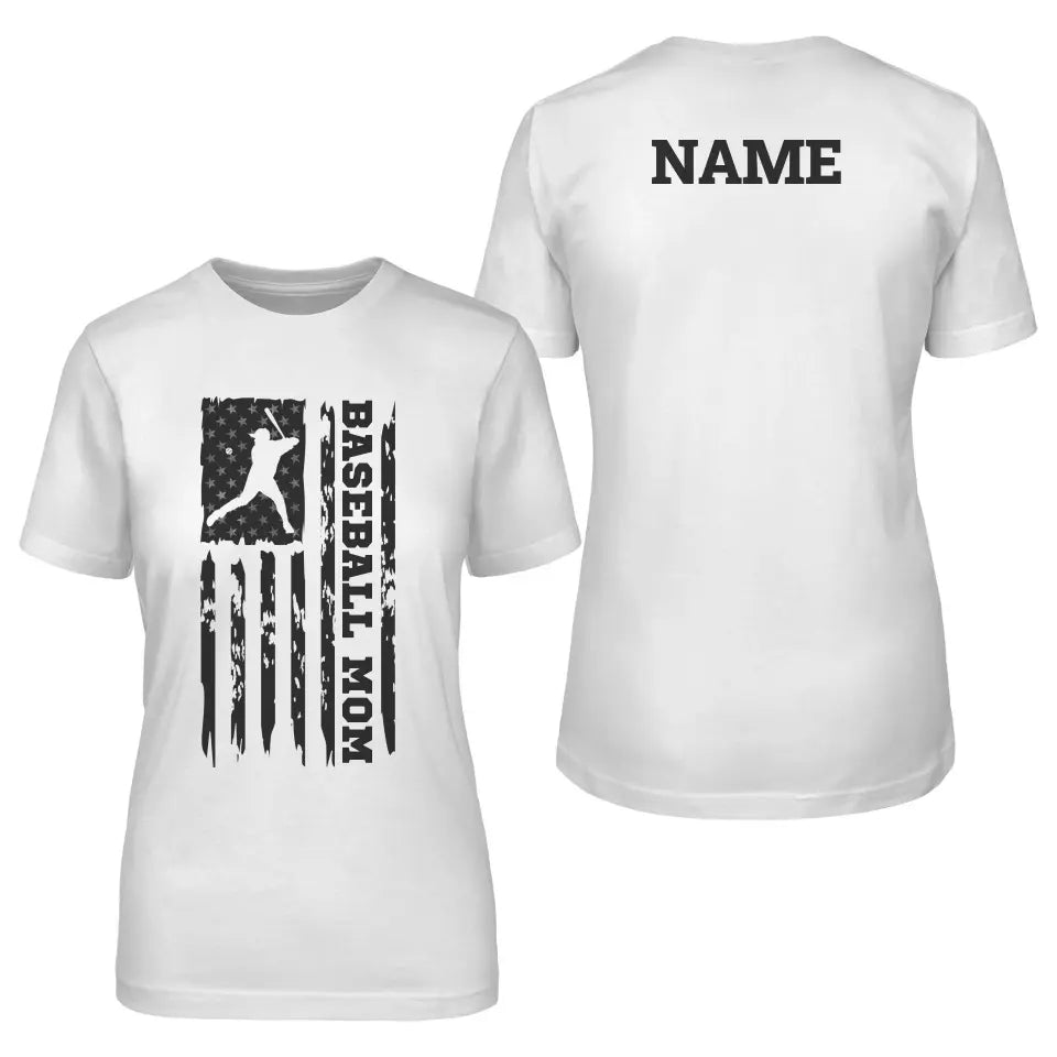 baseball mom vertical flag with baseball player name on a unisex t-shirt with a black graphic