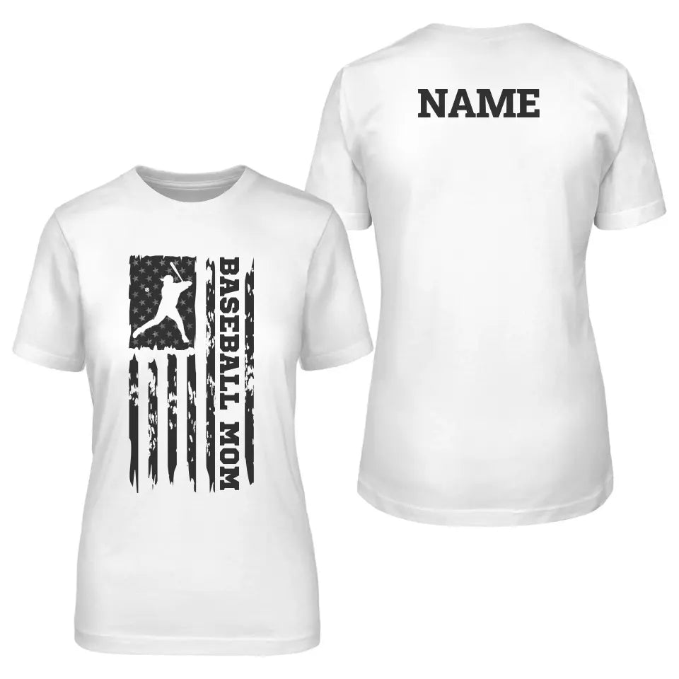 baseball mom vertical flag with baseball player name on a unisex t-shirt with a black graphic