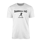 baseball dad with baseball player icon and baseball player name on a mens t-shirt with a black graphic