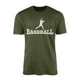 basic baseball with baseball player icon on a mens t-shirt with a white graphic