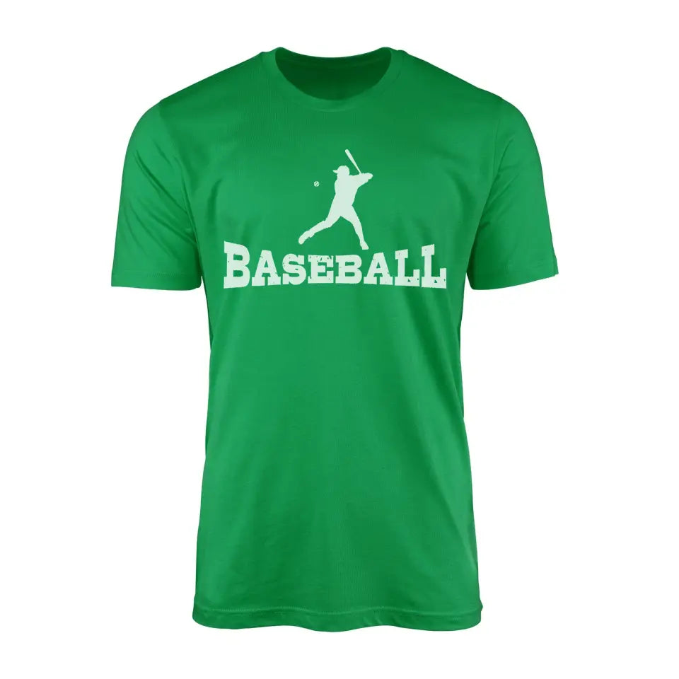 basic baseball with baseball player icon on a mens t-shirt with a white graphic