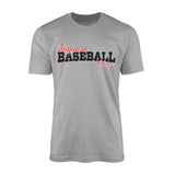 custom baseball mascot and baseball player name on a mens t-shirt with a black graphic