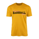 custom baseball mascot and baseball player name on a mens t-shirt with a black graphic