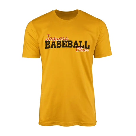 custom baseball mascot and baseball player name on a mens t-shirt with a black graphic