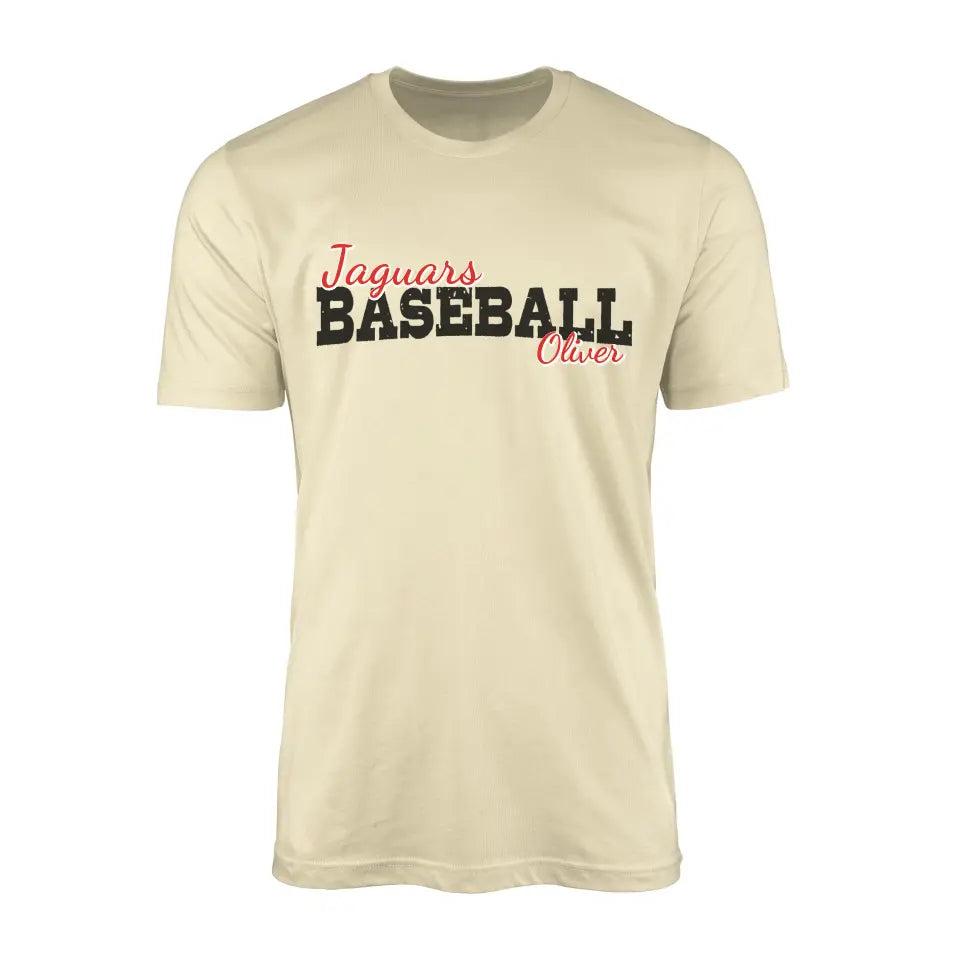 custom baseball mascot and baseball player name on a mens t-shirt with a black graphic