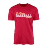 custom baseball mascot and baseball player name on a mens t-shirt with a white graphic