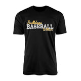 custom baseball mascot and baseball player name on a mens t-shirt with a white graphic