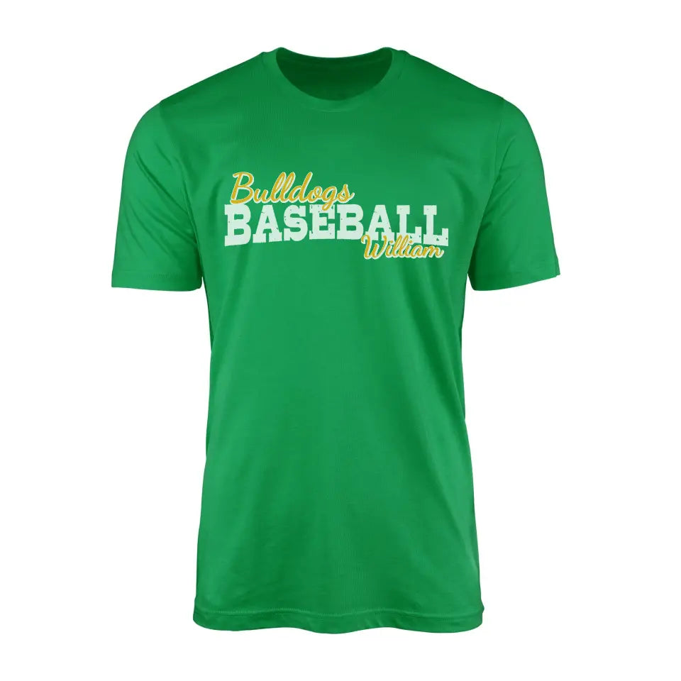 custom baseball mascot and baseball player name on a mens t-shirt with a white graphic