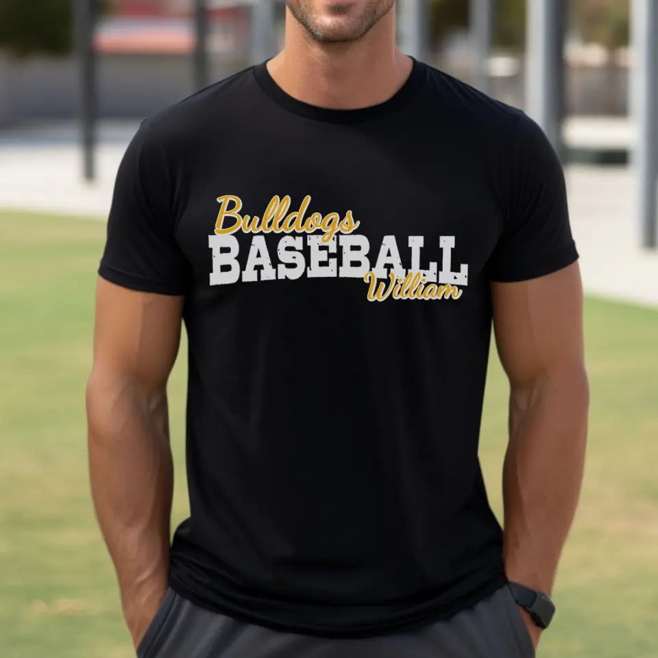 custom baseball mascot and baseball player name on a mens t-shirt with a white graphic