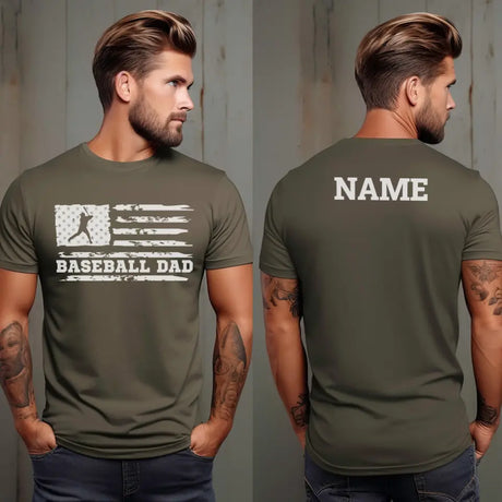 baseball dad horizontal flag with baseball player name on a mens t-shirt with a white graphic