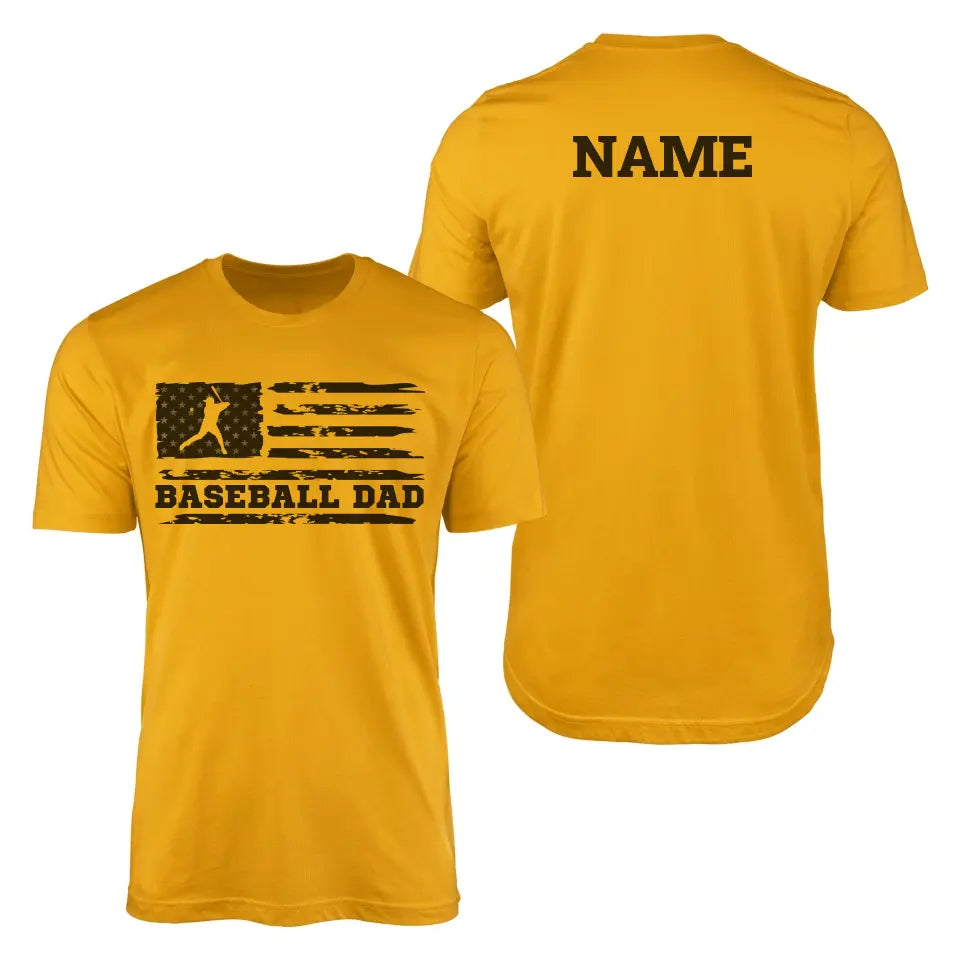baseball dad horizontal flag with baseball player name on a mens t-shirt with a black graphic