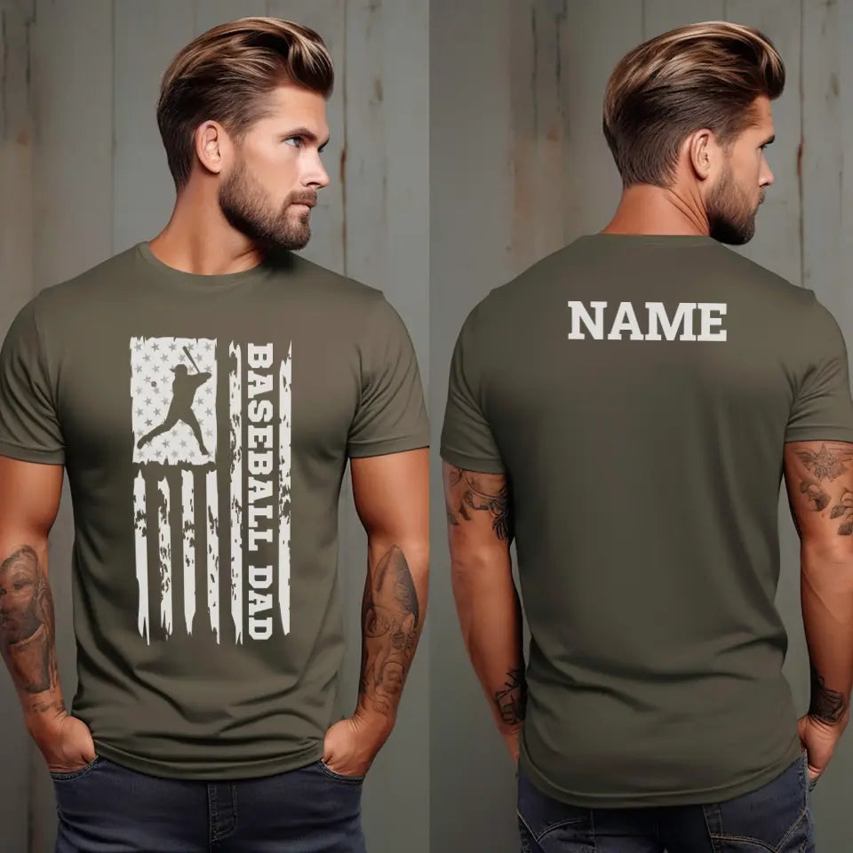 baseball dad vertical flag with baseball player name on a mens t-shirt with a white graphic