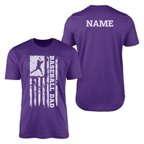 baseball dad vertical flag with baseball player name on a mens t-shirt with a white graphic