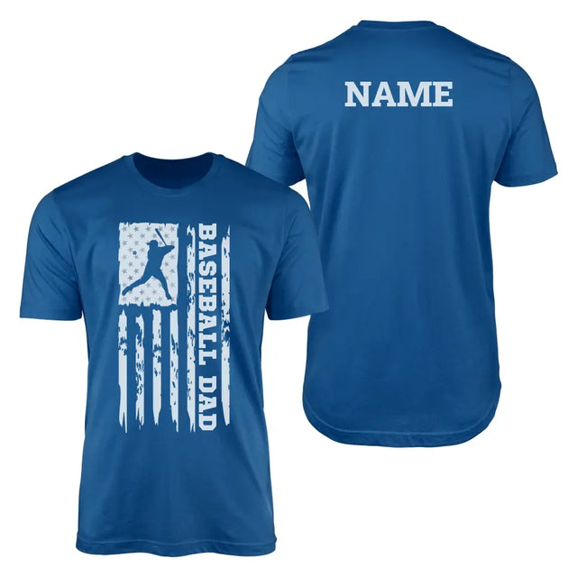 baseball dad vertical flag with baseball player name on a mens t-shirt with a white graphic