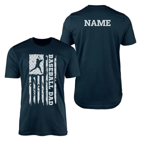 baseball dad vertical flag with baseball player name on a mens t-shirt with a white graphic