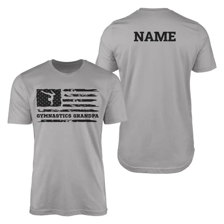 gymnastics grandpa horizontal flag with gymnast name on a mens t-shirt with a black graphic