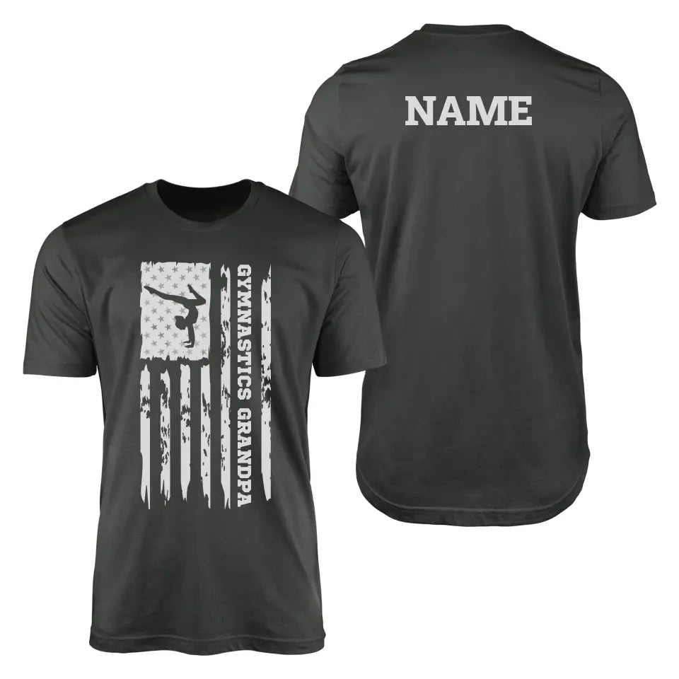 gymnastics grandpa vertical flag with gymnast name on a mens t-shirt with a white graphic