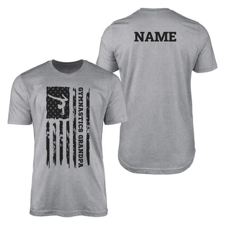 gymnastics grandpa vertical flag with gymnast name on a mens t-shirt with a black graphic