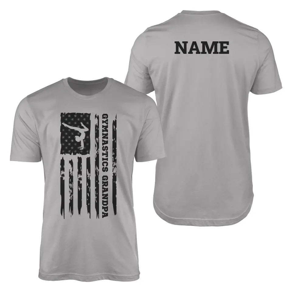 gymnastics grandpa vertical flag with gymnast name on a mens t-shirt with a black graphic