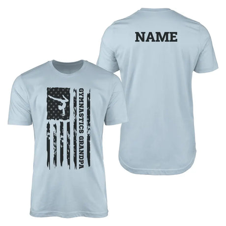 gymnastics grandpa vertical flag with gymnast name on a mens t-shirt with a black graphic