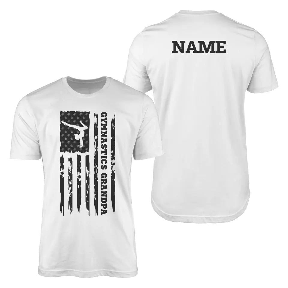 gymnastics grandpa vertical flag with gymnast name on a mens t-shirt with a black graphic