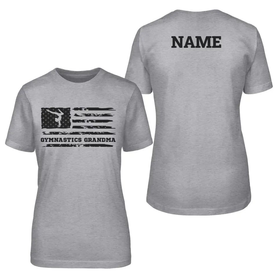 gymnastics grandma horizontal flag with gymnast name on a unisex t-shirt with a black graphic