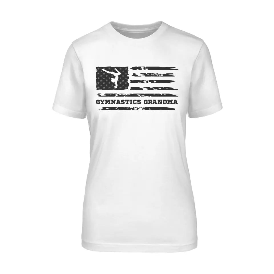 gymnastics grandma horizontal flag on a unisex t-shirt with a black graphic