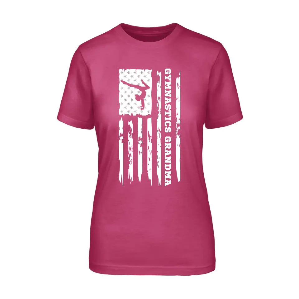 gymnastics grandma vertical flag on a unisex t-shirt with a white graphic