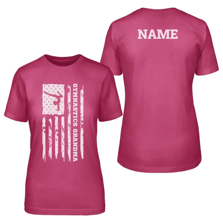 gymnastics grandma vertical flag with gymnast name on a unisex t-shirt with a white graphic
