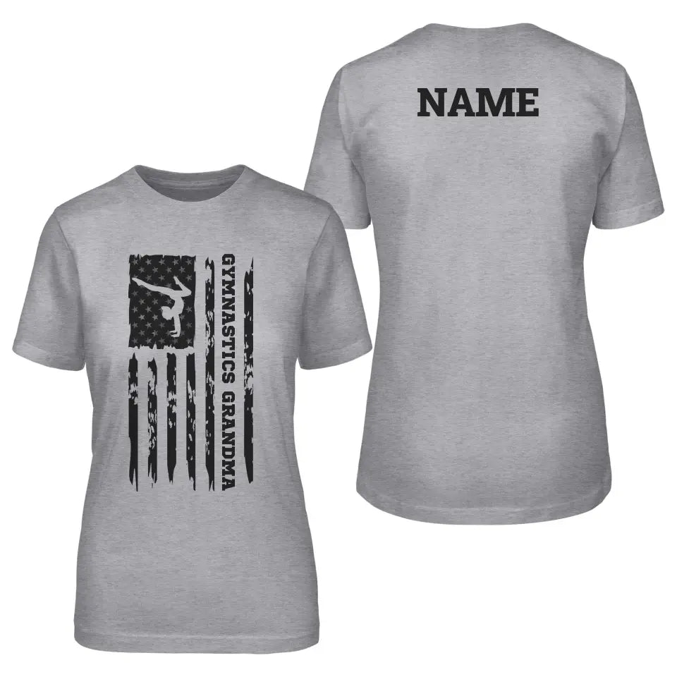 gymnastics grandma vertical flag with gymnast name on a unisex t-shirt with a black graphic