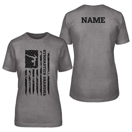 gymnastics grandma vertical flag with gymnast name on a unisex t-shirt with a black graphic