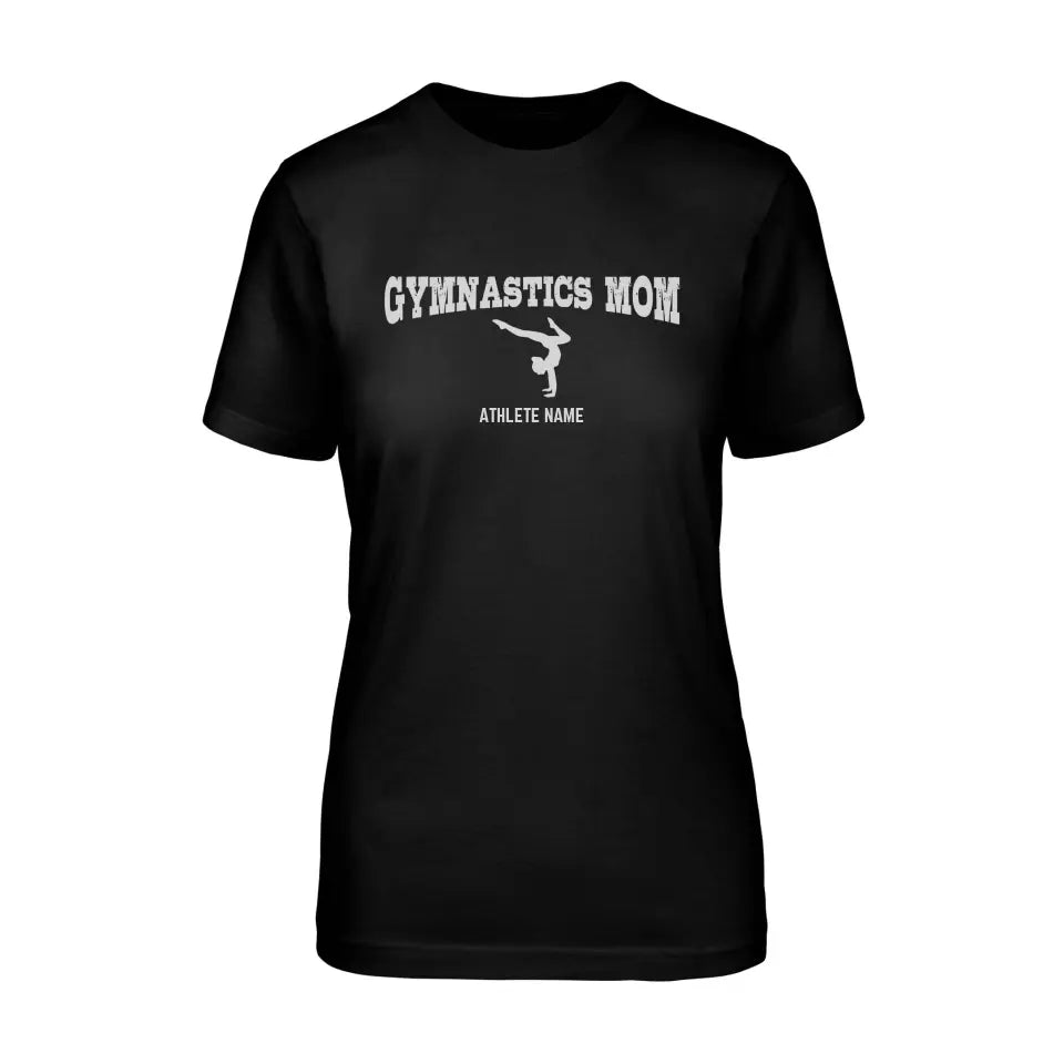 gymnastics mom with gymnast icon and gymnast name on a unisex t-shirt with a white graphic