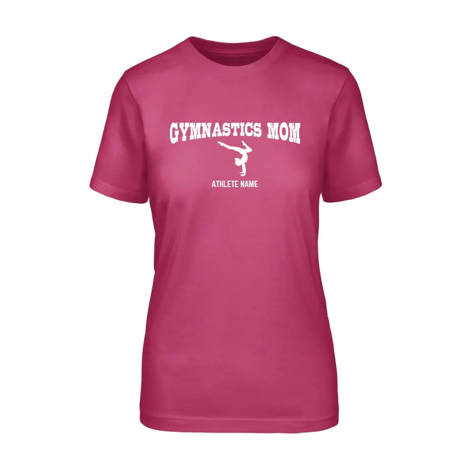 gymnastics mom with gymnast icon and gymnast name on a unisex t-shirt with a white graphic