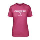 gymnastics mom with gymnast icon and gymnast name on a unisex t-shirt with a white graphic